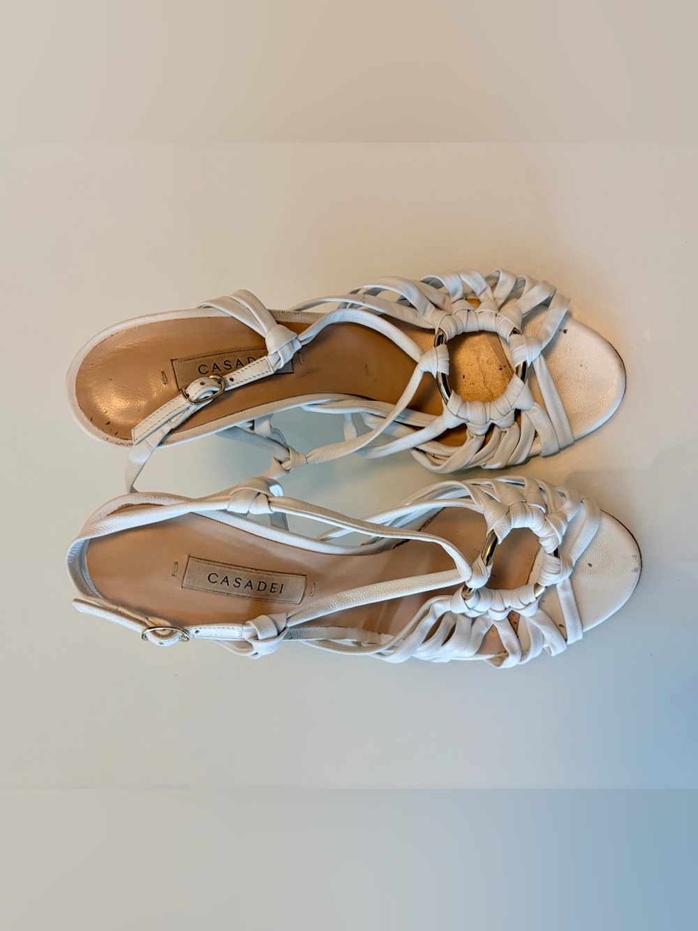Casadei White Knotted Strap Sandals with Ring Accent Size 38